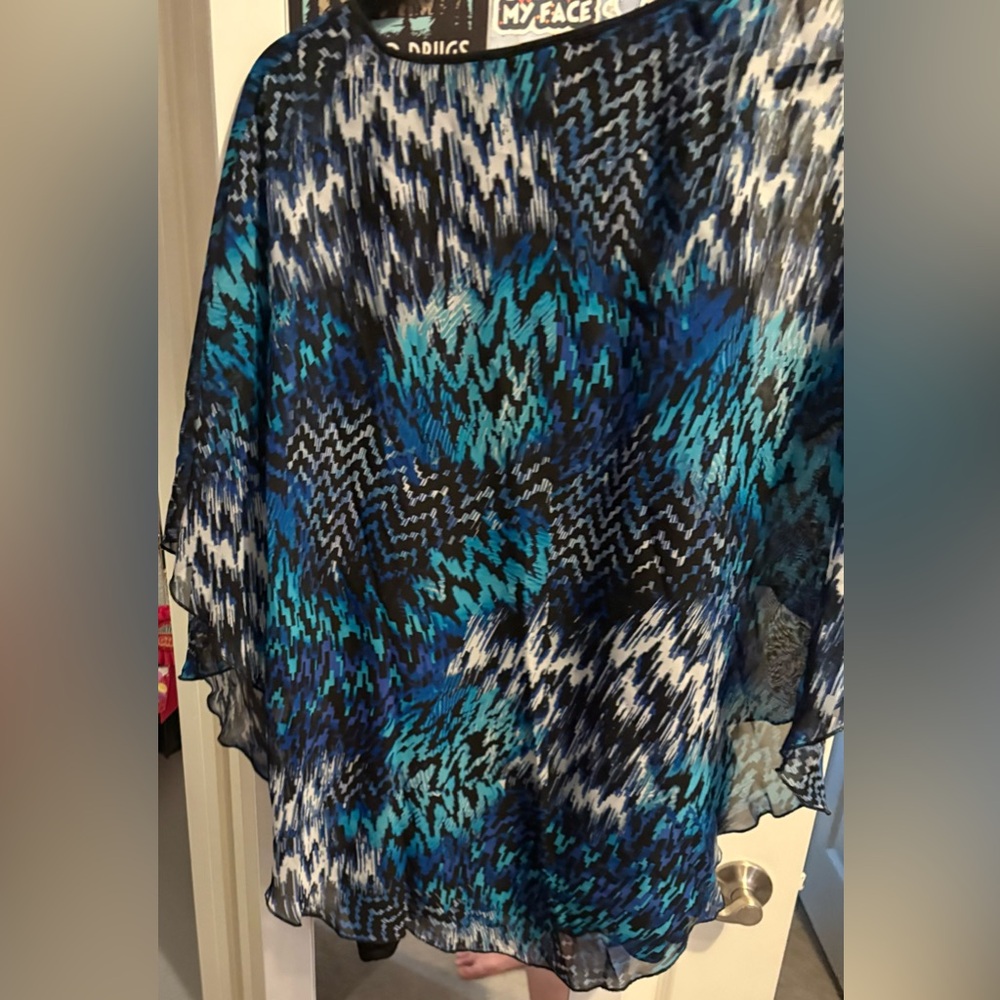 326- Avenue Teal & Blue Printed Layered Chiffon Top - Picture 3 of 4